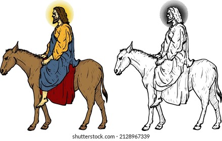 Jesus Christ ride a donkey. Hand drawn vector illustration.