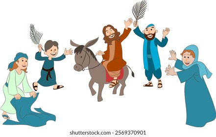 Jesus Christ rides a donkey into the city of Jerusalem and is welcomed by the people with a palm leaf procession, illustrating Palm Sunday during Easter