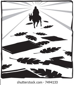 Jesus Christ riding a donkey on a path of palms and garments.