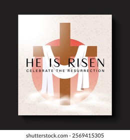 Jesus christ risen clipart card design. Happy easter sunday risen celebration with wood christian cross for jesus christ rebirth symbol clip art. Vector illustration happy easter celebration.
