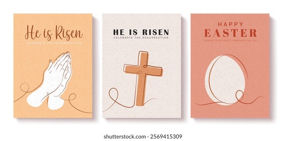 Jesus christ risen clipart poster design. Happy easter jesus christ risen celebration with praying hands, christian cross and easter egg flat outline elements in colorful background. Vector 