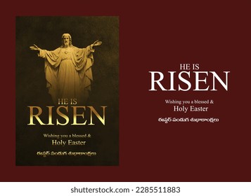 Jesus Christ Risen Gold Statue Vector Template, Dark background Gold Typography, Easter, Holy Week, Good Friday, Book cover with Telugu Typography 