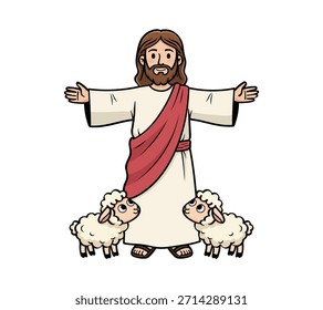 Jesus Christ Shepherd Cartoon Vetor, Cordeiro de Deus Jesus Cristo Cartoon Vetor, Cristianismo Cartoon Vetor, Jesus Cristo Doodle.