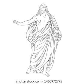 Jesus Christ in a shroud stands holding up his hand. Vector image isolated on white background.