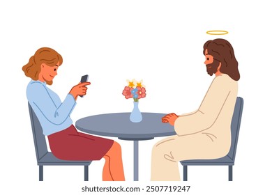 Jesus christ sits at table near woman with mobile phone, as metaphor for presence of god nearby. Jesus christ helps girl who believes in christian religion, saving from rash actions