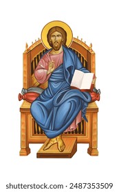 The Jesus Christ sitting on the throne illustration in Byzantine style isolated