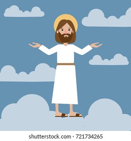 Jesus Christ in sky with clouds. Religious character.