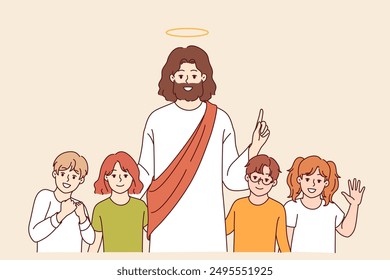 Jesucristo sonríe de pie con los niños, predicando amor y bondad a los seguidores de la religión cristiana. Jesucristo entre los estudiantes de las escuelas dominicales que quieren unirse a la fe católica