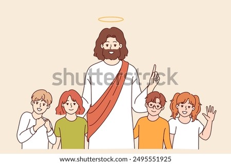 Jesus christ smiles standing with children, preaching love and kindness to followers of christian religion. Jesus christ among sunday school students wanting to join catholic faith