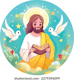 Jesus christ smiling with a book open vector illustration