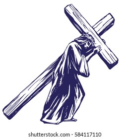 Jesus Christ, Son of God carries the cross before the crucifixion, symbol of Christianity hand drawn vector illustration sketch