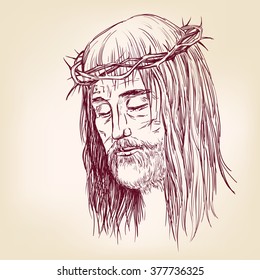 Jesus Christ, the Son of God in a crown of thorns on his head, a symbol of Christianity hand drawn vector llustration realistic sketch