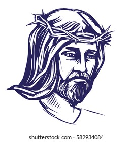 Jesus Christ, the Son of God in a crown of thorns on his head, a symbol of Christianity hand drawn vector illustration realistic sketch