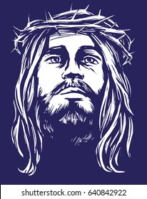 Jesus Christ, the Son of God in a crown of thorns on his head, a symbol of Christianity hand drawn vector illustration  sketch