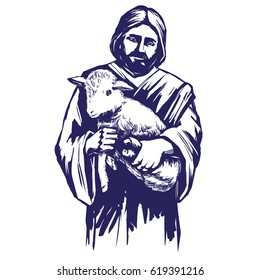 Jesus Christ, Son of God, holding a lamb in his hands, symbol of Christianity hand drawn vector illustration sketch