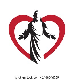 Jesus Christ, son of God inside big red heart, vector logo icon 