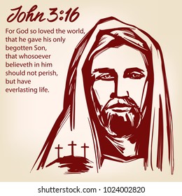 Jesus Christ, the Son of God, John 3:16 the quote calligraphic text symbol of Christianity hand drawn vector illustration sketch