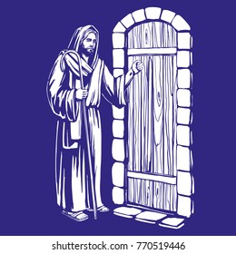 Jesus Christ, Son of God knocking at the door, symbol of Christianity hand drawn vector illustration sketch.