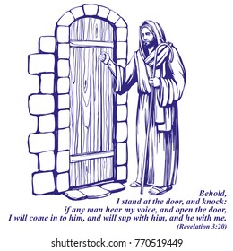 Jesus Christ, Son of God knocking at the door, symbol of Christianity hand drawn vector illustration sketch.