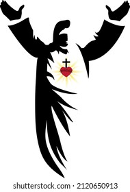 Jesus Christ, son of god, lord, savior raising hands to bless all the people for peace and prosperity with a red, cross sacred heart.