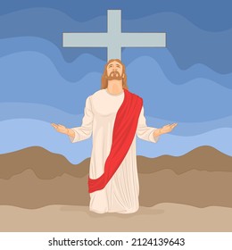 Jesus Christ, the Son of God, praying on knees, symbol of Christianity 