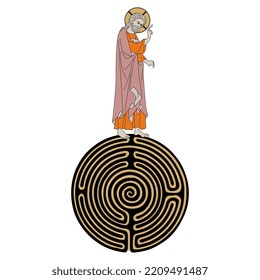 Jesus Christ standing on top of a round spiral maze or labyrinth symbol. Creative religious Christian concept. Medieval style. Isolated vector illustration.
