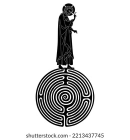 Jesus Christ standing on top of a round spiral maze or labyrinth symbol. Creative religious Christian concept. Medieval style. Black and white silhouette. Isolated vector illustration.