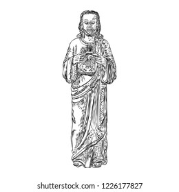 Jesus Christ standing with open sacred heart,  resurrection. Good Friday and Holy week. Love hope, faith and help, assistance and support symbol. Vector.