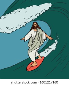 Jesus Christ surfing relaxed under a wave. Tropical vacation god character vector illustration.