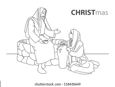 jesus christ talk to Samaritan woman outline art graphic design