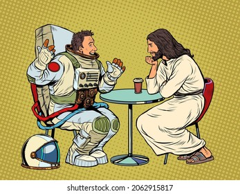 Jesus Christ is talking to a male astronaut. Christianity and religion, preaching