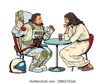 Jesus Christ Is Talking To A Male Astronaut. Christianity And Religion, Preaching