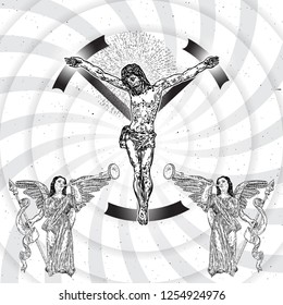 Jesus Christ tattoo on silver beams background. Symbol of Christianity prayer, religion and mystical spiritual secrets revelation or experience. Vector.