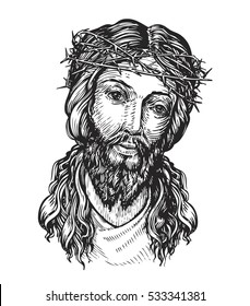 Jesus Christ with thorny wreath on his head. Sketch vector illustration