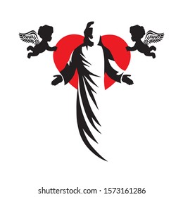 Jesus Christ with two little cupids holding big red heart in behind, vector