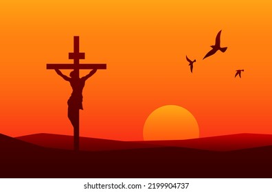 Jesus Christ vector illustration. God resurrection process. Easter holiday poster. Process crucifix on holy hill. Catholic christ symbol. Holy spirit beautiful wallpaper. Biblical heaven background