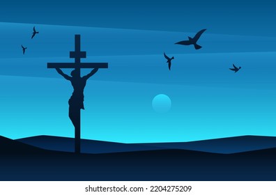 Jesus Christ vector illustration. God resurrection process. Easter holiday poster. Process crucifix on holy hill. Catholic christ symbol. Holy spirit beautiful wallpaper. Biblical spirit background