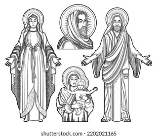 Jesus christ virgin mary drawing set with isolated outline images monochrome looks of saints for coloring vector illustration