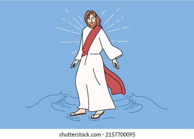 Jesus Christ Walking Water. Biblical Story Of Messiah Walks On Water Surface. Religion And Faith. Christianity. Flat Vector Illustration. 