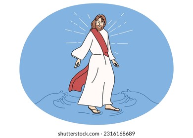 Jesus Christ walking water. Biblical story of messiah walks on water surface. Religion and faith. Christianity. Flat vector illustration.