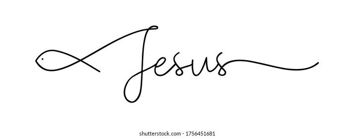 Jesus. Christian, bible, religious, churh word. Lettering typography poster, banner vector design. Jesus with ichthys - fish. Hand drawn modern vector calligraphy text - Jesus.