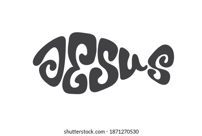 Jesus Christian bible religious churh word. Lettering typography script poster, banner vector design. Jesus with ichthys fish. Hand drawn modern calligraphy text.