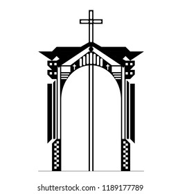 Jesus christian cross on abstract arch door, entrance of God concept icon