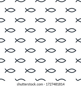 Jesus christian Fish horizontal white seamless pattern with linear fishes. Stock Vector illustration