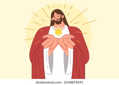 Jesus from christian religion demonstrates light emanating from palms by bowing head with halo. Catholic or orthodox mission jesus manifests miracle described in bible for believers,