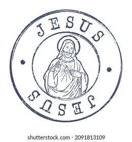 Jesus, Christian Religion Stamp Vintage Vector. Illustration Postmark Religious Clip Art Symbol.