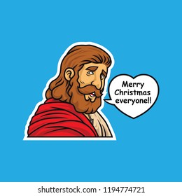 jesus christmas sticker vector. with word balloon merry christmas everyone. 