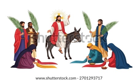 Jesus Christ's triumphal entry into Jerusalem on a donkey, surrounded by a celebratory crowd laying cloaks and waving palm branches.