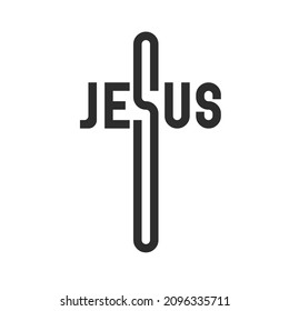 JESUS. Creative emblem. Stylized text in the shape of a crucifix. Flat isolated Christian vector illustration, biblical background.