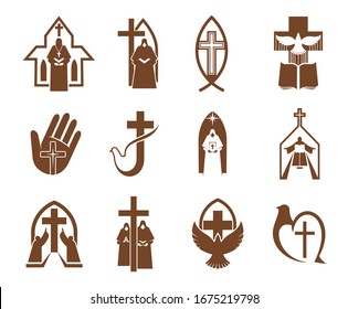 Jesus cross, Bible and dove icons of religion vector design. Christian and catholic churches, prayer, priest and angel, holy book, bird, crucifix and fish brown symbols, faith and religious themes